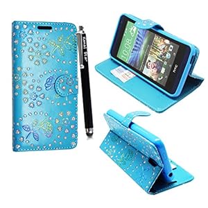 HTC DESIRE 620 Premium PU Leather Flip Wallet Case Cover +Stylus (Rose Sky Blue Diamond Book)