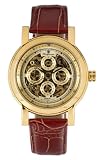 Burgmeister Alexandria BM129-275 Automatik Uhr goldenes Zifferblatt/skelettiert Datum/Tag/Monat/24h rotbraunes Lederarmband