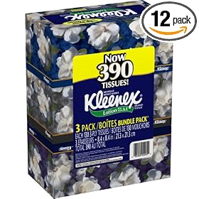 Kleenex Facial Tissue With Lotion, 3-Ply Tissues, 3 Packs, 130 Tissues Each (Pack of 12)