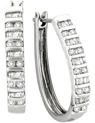 10K White Gold 1cttw Baguette and Round Segmented Diamond Hoop Earrings