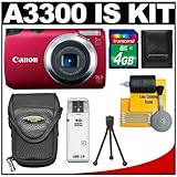 Canon PowerShot A3300 IS Digital Elph Camera (Red) with 4GB Card + Case + M ....