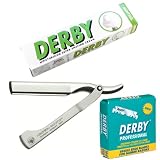 SF254-DOVO Silver Shavette Satin Finish Straight Razor with Red Holder, 100 Derby Professional Single Edge Razor Blades and Derby Shaving Cream (Menthol Scent). Great Gift Set For Men.