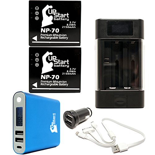 2-Pack Panasonic Lumix DMC-LX1-K Battery with Universal Charger, 10400mAh Portable External Battery Charger, Dual USB Car Plug & Multiple USB Charger - Replacement Fujifilm NP-70 Digital Camera Battery and Charger