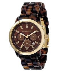 Women's Marbled Plastic Link Bracelet Gold Tone Quartz Chronograph Crystal