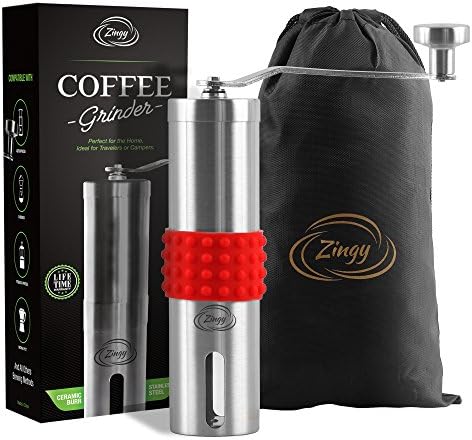 Portable Manual Coffee Grinder By Zingy- Aromatic Espresso, French Press- Spice Mill- Stainless Steel, Aeropress Compatible-Non-Slip Silicone Grip,Bonus Storage Bag,Measuring Spoon &amp; Cleaning Brush