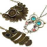 Vintage, Retro Colorful Crystal Owl Pendant and Long Chain Necklace with Antiqued Bronze/Brass Finish (3 Pcs: Design No.1 + No.2 + No.3) thumbnail