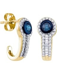 10K Yellow Gold 0.65CT Blue & White Round Cut Diamond & Baguette Cut Fashion Earrings