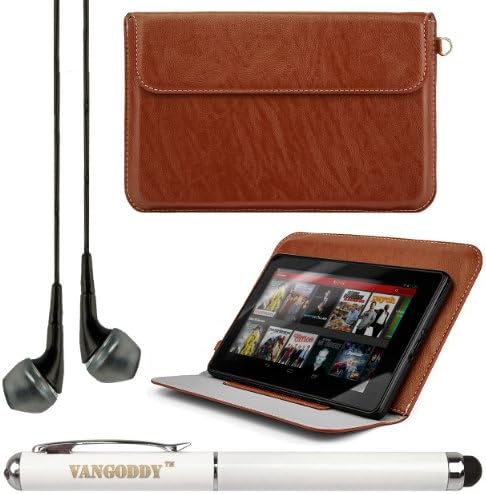 Faux Leather Sleeve Cover w/ Kickstand for Tagital A23 / A13 / A13 Q88 7 inch Tablets + Laser Stylus Pen + Black VanGoddy Headphones (Brown)