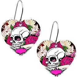Handcrafted Pink Wild Rose Skull Earrings