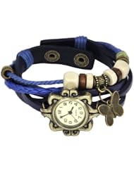 Women Retro Butterfly Charm Fashion Weave Wrap Leather Strap Bracelet Watch - Blue