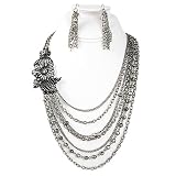 Black Beaded Chain Flower Layer Necklace Earring Set Fashion Jewelry 24"