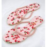 Pearl-like Beads Thong Women's Flat Sandal with Strawberry Pattern