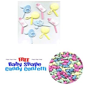 Baby Shower Cakes - 9 Assorted Baby Bottles, Rattles & Pacifiers Plastic Pics for Cakes, Cupcakes, Cookies and Party Favors & FREE Baby Candy Confetti Sprinkles