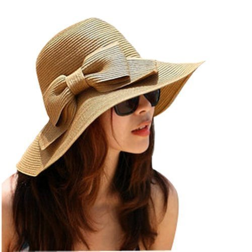 Outop Fashion Korean Style Floppy Wide Brimmed Summer Beach Bow Hat Women's Straw Sun Hat Cap