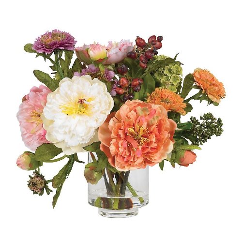 New Nearly Natural Peony Silk Flower Arrangement Striking Liquid Illusion Glass Vase Elegance