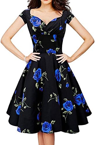 QiaoVintage Womens V Neck Slim Short Sleeve Zipper Floral Dress (L, Blue)