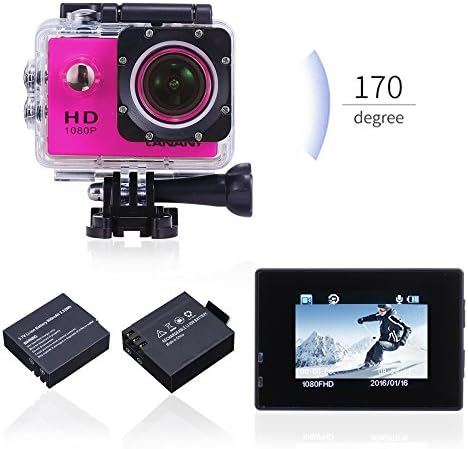 Underwater Camera, Canany Sports Action Camera 1080P FHD 12MP 1.5Inch Bundle With 2 Batteries and FREE Accessories Kits CY4000 (Pink)