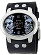 Two Skull Oval Cross White Wide Black Leather Band Trendy Design Steel Black Dial Skater Gothic Punk Biker Pirate Wristband Watch