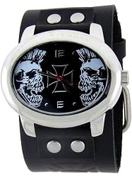 Two Skull Oval Cross White Wide Black Leather Band Trendy Design Steel Black Dial Skater Gothic Punk Biker Pirate Wristband Watch