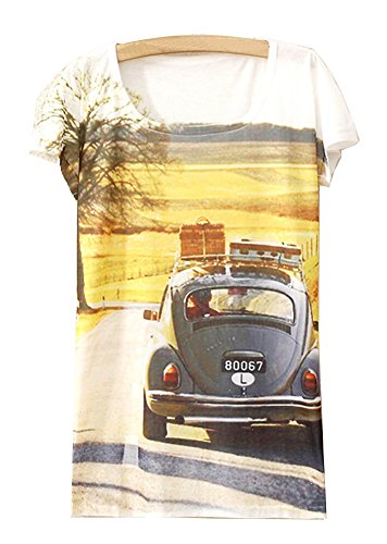 KaiTingu Women's Short Sleeve Pastoral Car Print Vintage T Shirt