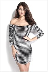 Off the Shoulder Polyester Houndstooth Print Lace Bandage Dress/Bodycon Dress/Mini Dress 