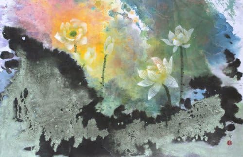 "I Dreamed of Lotuses" Beautiful White Lotuses in an Abstract Painting, Giclee Print of Original Sumi-e Flower Painting, 13 x 20 Inches