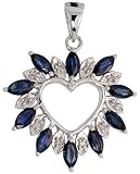 14k White Gold 15/16 in. (24mm) tall Fancy Heart Pendant, w/ 1.25 Total Carat Brilliant Cut Diamonds & Marquise Cut Blue Sapphire Stones