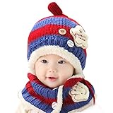 Happy Cherry 子供ニット帽 マフラー ネックウォーマー キャップ ベビー 幼児 赤ちゃん お出かけ お散歩 あったか 防寒 冬 しもやけ 対策 かわいい かぶりもの - ブルー