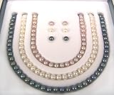 3, 6-7mm Freshwater Pearl Necklace and Stud Earring Sets in White, Pink, and Black Pearls with Sterling Silver Clasps in Gift Box