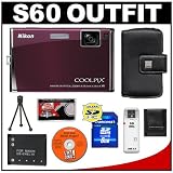 Nikon Coolpix S60 10 Megapixel Digital Camera (Burgundy) with 5x Optical Zoom + EN-EL10 Battery + 8GB Card + Leather Case + Accessory Kit