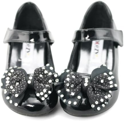 SHOEZY KIDS 3 Colors Girls Patent Crystals Bow Ankle Strap Low Heels Shoes