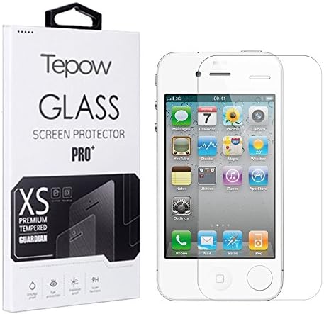 Tepow Anti-scratch Bubble Free HD Clarity 2.5D Rounded Edges 9H Hardness Tempered Glass Screen Protector for iPhone 4 and iPhone 4S
