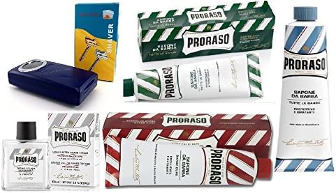 Pro'raso Shaving Cream, Sandalwood 150 ml + Shaving Cream, Menthol 150 ml + Shaving Cream, Aloe &amp; Vitamin E 150 ml + Shaving Factory Double Edge Safety Razor, Silver + Liquid After Shave Cream, 3.4 Ounce