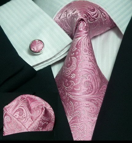 LANDISUN 62C PINK PAISLEY SILK TIE SET:TIE+HANKY+CUFFS