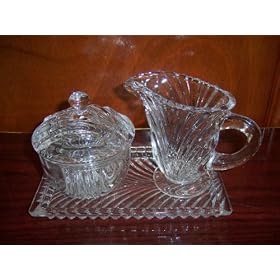 4 Piece Glass Sugar and Creamer Set -- Creamer, Sugar Bowl and Tray by 