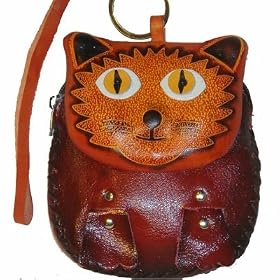 Real Leather Wristlet Change/coin Purse, a Happy Cat Pattern Design. Unique and Cute !