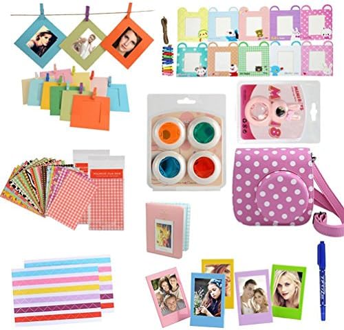 Angeka 10 in 1 Bundle Set For Fujifilm Instax Mini 8 Instant Film Camera(Album.Wall Hang Frames.Film Frames.Selfie Lens.Border Stickers.Colored Filters.Pen.Corner Stickers. Pink Case With Polka Dots)