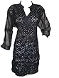 Womans Long Tunic- Black Floral Embroidered Georgette Hippy Dress Medium