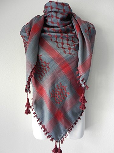 Gray Burgundy Red Embroided Arab Shemagh Head Scarf Neck Wrap Cottton Unisex