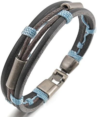 Guoqueen Men's Alloy Genuine Leather Bracelet Bangle Black Grey Blue Vintage Biker,8"