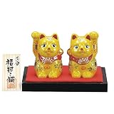 九谷焼 開運 ペア福招き猫 黄盛（台・敷物・立て札付）