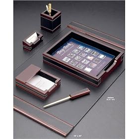 6 Piece Desk Set - Wood and Black Leather - New! From Bey Berk