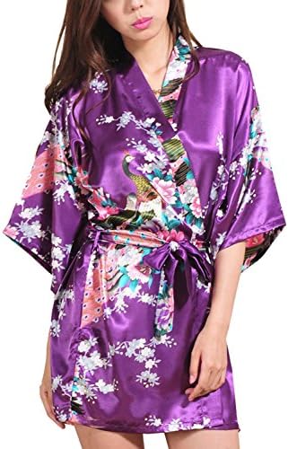 Macher Women's Kimono Style Satin Robe Bathrobes Knee Length (S, Deep purple)