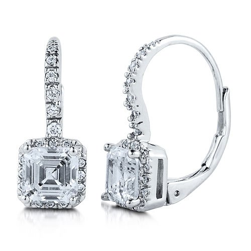 925 Sterling Silver Leverback Earrings In Asscher Cubic Zirconia Cz