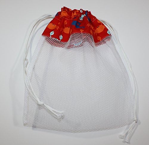 Sea Shell Collecting Bag, Red Crabs Fabric and White Mesh, Drawstring Beach Bag