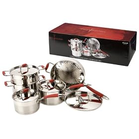 Ethos Hells Kitchen Cookware Set, 5 Piece, Stainless Steel Red Handle