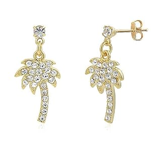 Gold Tone Clear Crystal Palm Tree Dangle Earrings - Ideal Gift For Mother Day, Anniversary, Engagement, Wedding, Birthday, For Her