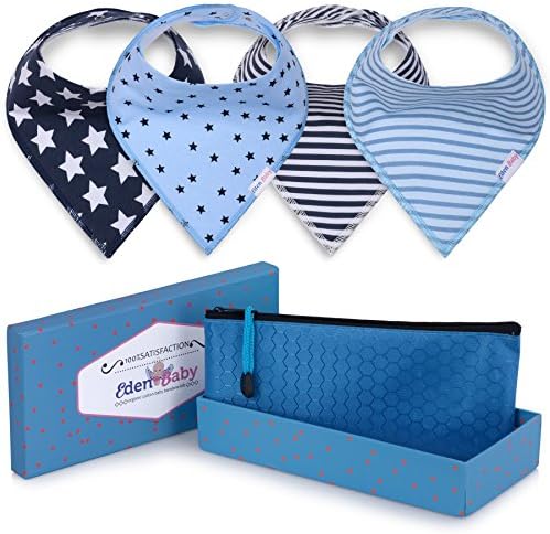 Baby Bandana Drool Bibs By Eden Baby with Adjustable unique 3 Snaps - Premium Dribble & Teething Soft Bibs - 100% Organic Super Absorbent Cotton - 4 Pack cute Baby Shower Gift set + free bag