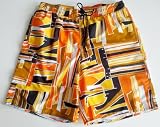 Big and Tall Mens Swim Trunks with Adjustable Elastic Drawstring Waist and Board Short Style Front, 2 Inseam Slit Pockets and Side Cargo Pocket. Mesh Lined. Orange Abstract Print in Sizes XL - 4XL