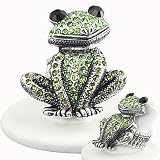 Burnished Silvertone Green Rhinestone Frog Stretch Fashion Ring